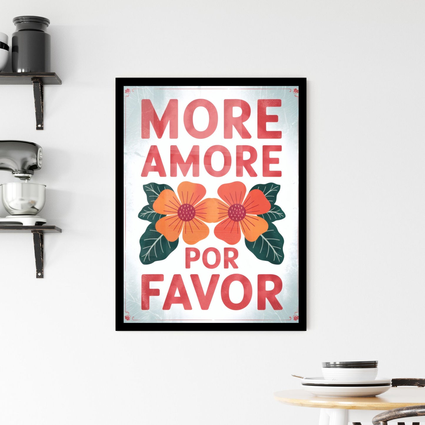 Vibrant Floral Design with Text: More Love, Please - A Celebration of Positivity and Affection. Framed Print