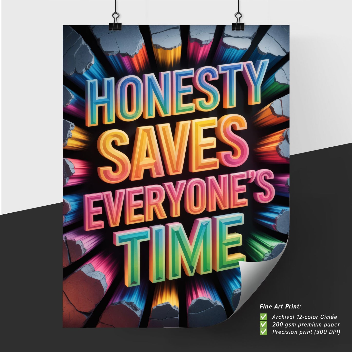 Vibrant Motivational Poster: Honesty Saves Everyone’s Time in Dynamic Colorful Design
