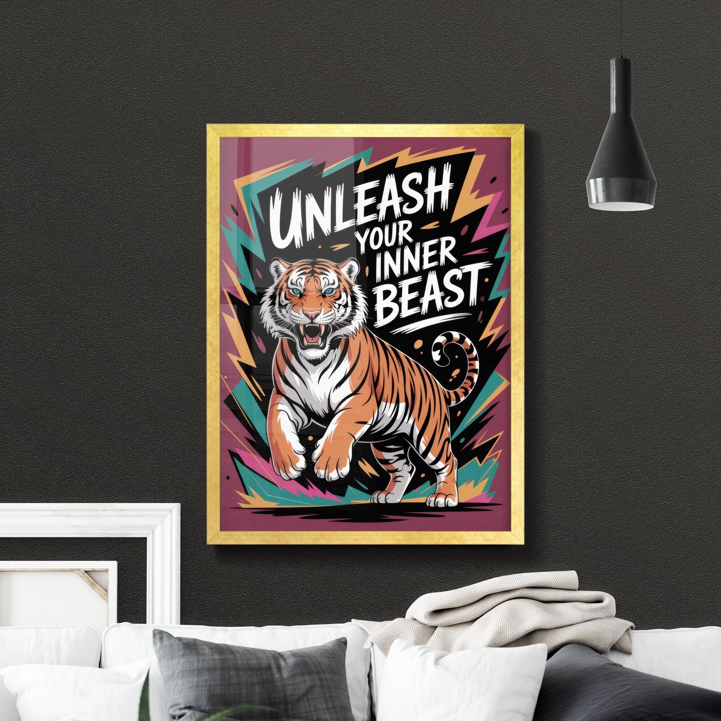 Vibrant Illustration: 'Unleash Your Inner Beast' Featuring a Dynamic Tiger Design on Bold Background.