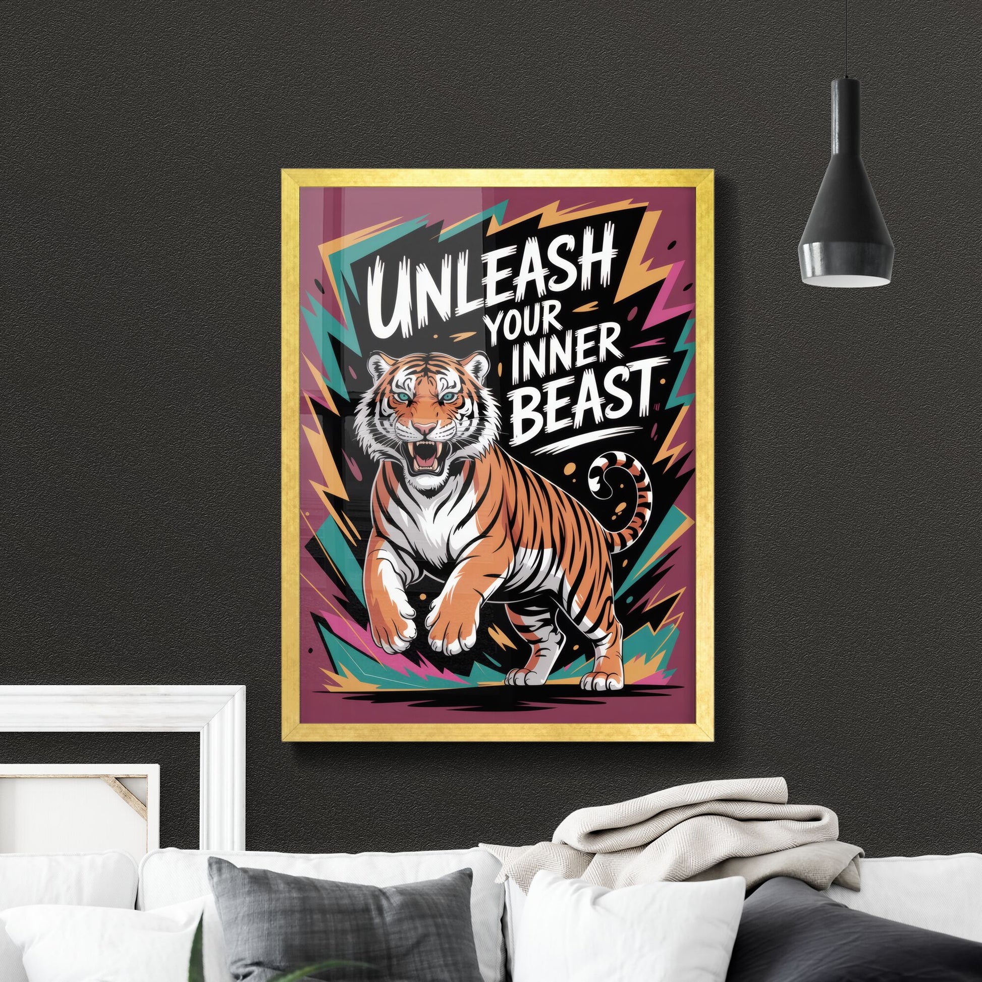 Vibrant Illustration: 'Unleash Your Inner Beast' Featuring a Dynamic Tiger Design on Bold Background.