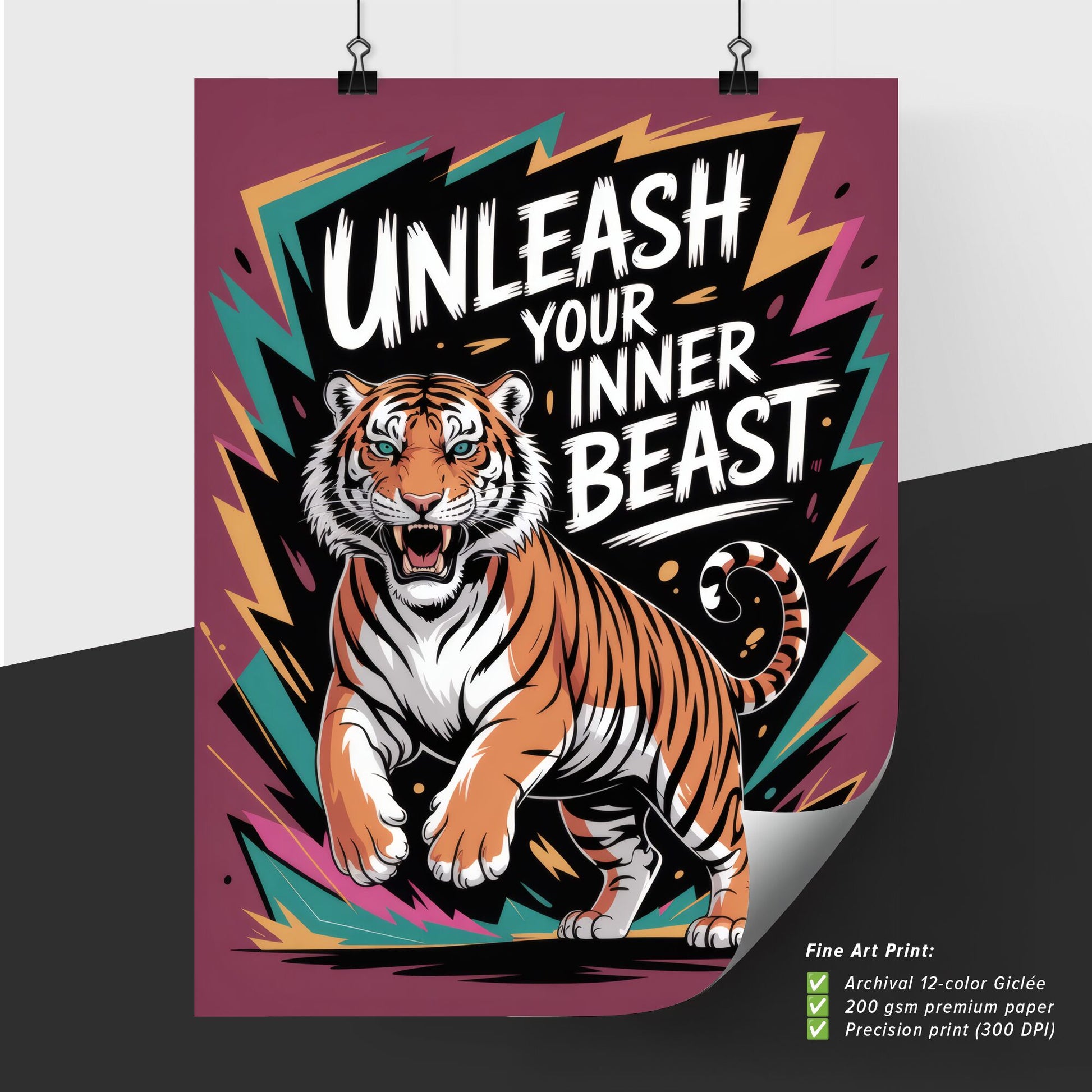 Vibrant Illustration: 'Unleash Your Inner Beast' Featuring a Dynamic Tiger Design on Bold Background.