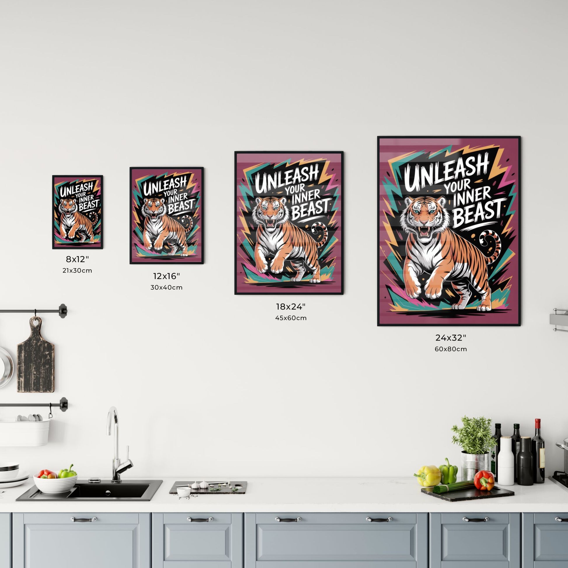 Vibrant Illustration: 'Unleash Your Inner Beast' Featuring a Dynamic Tiger Design on Bold Background. Chart