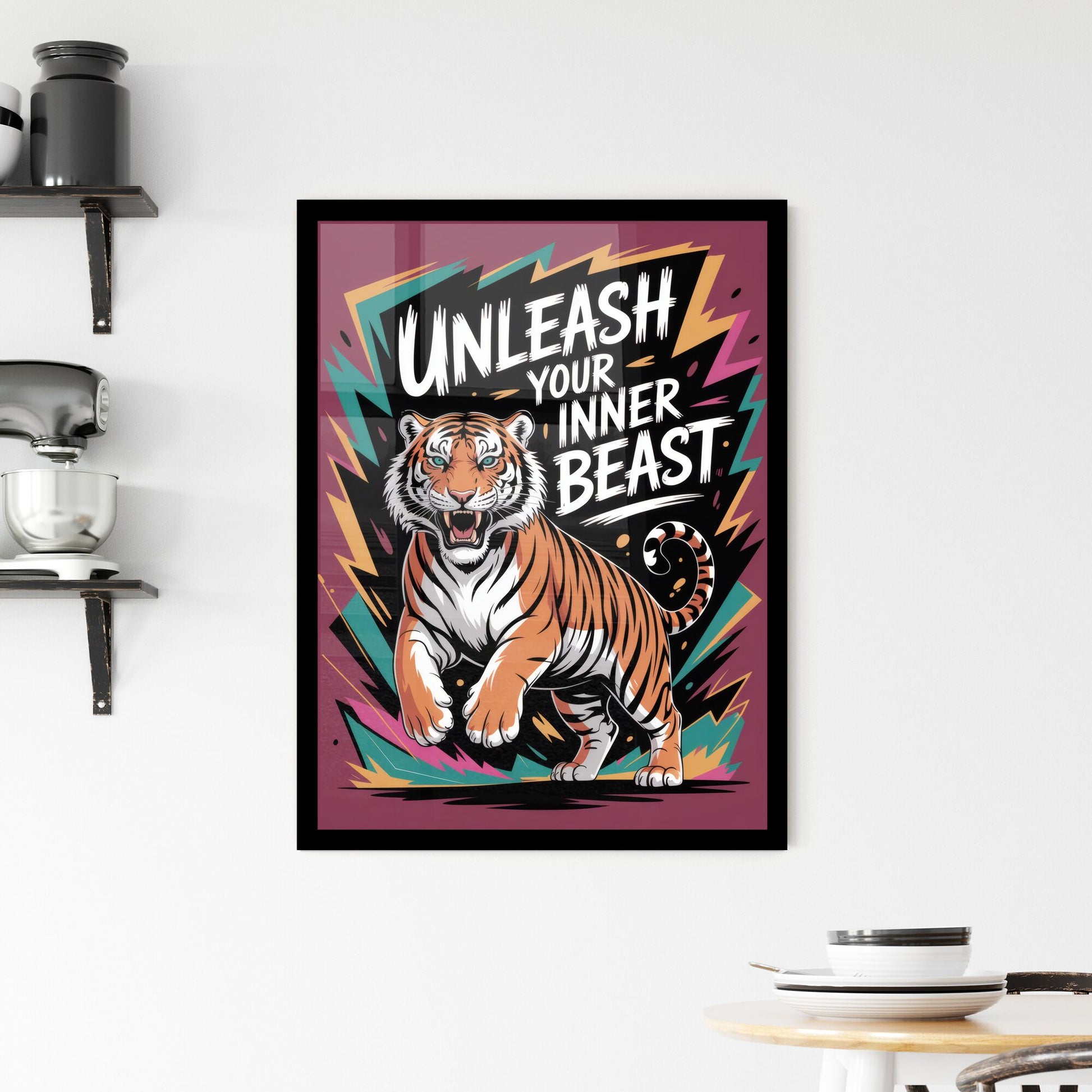 Vibrant Illustration: 'Unleash Your Inner Beast' Featuring a Dynamic Tiger Design on Bold Background. Framed Print