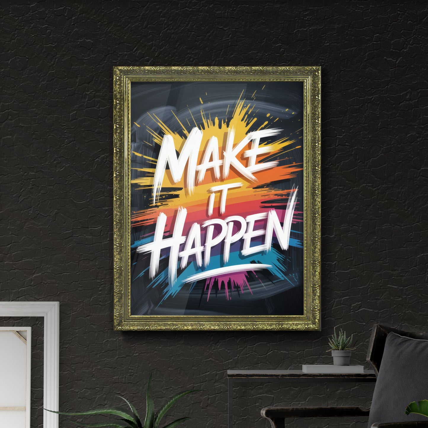 Vibrant Motivational Quote: 'Make It Happen' with Colorful Brush Strokes on a Black Background.