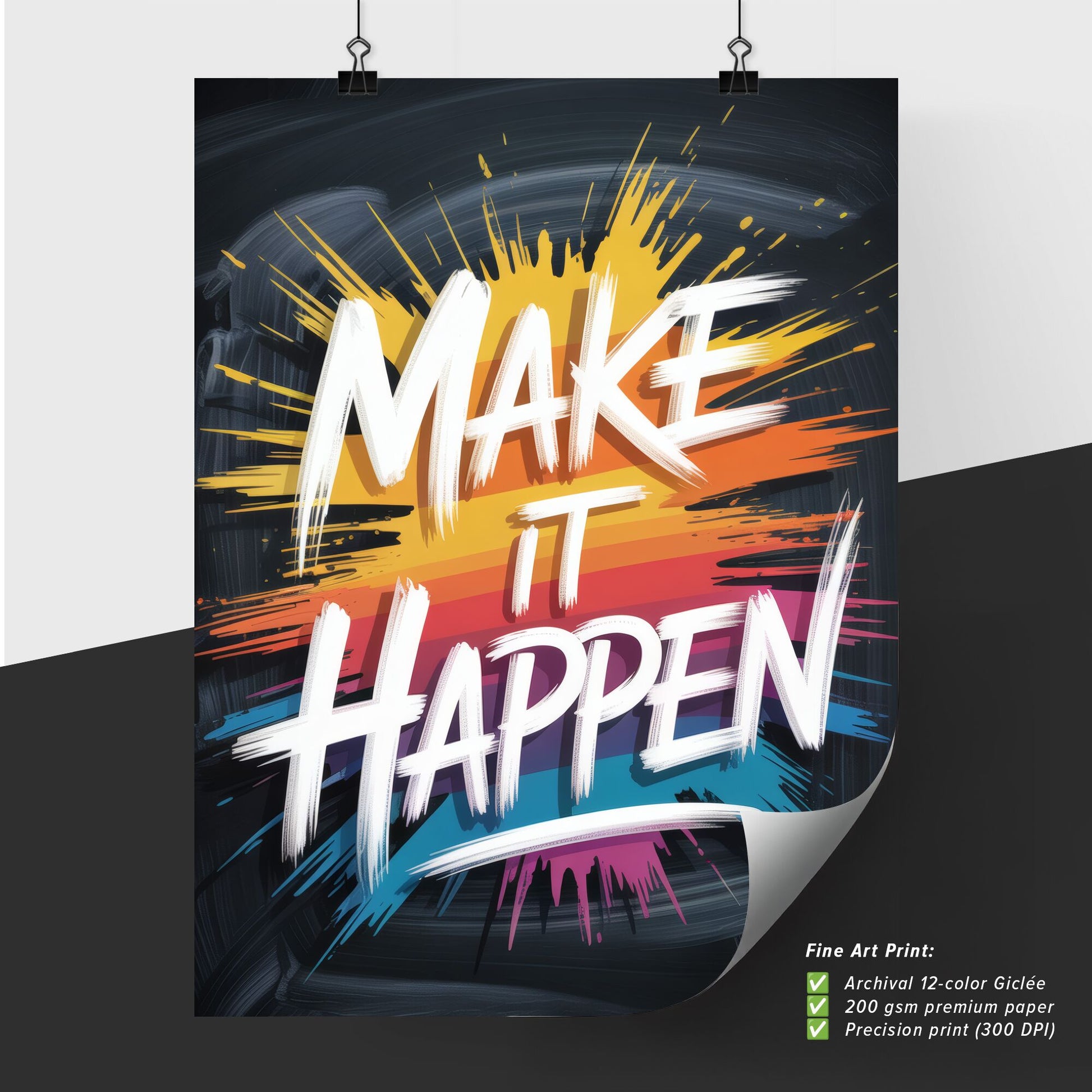 Vibrant Motivational Quote: 'Make It Happen' with Colorful Brush Strokes on a Black Background.
