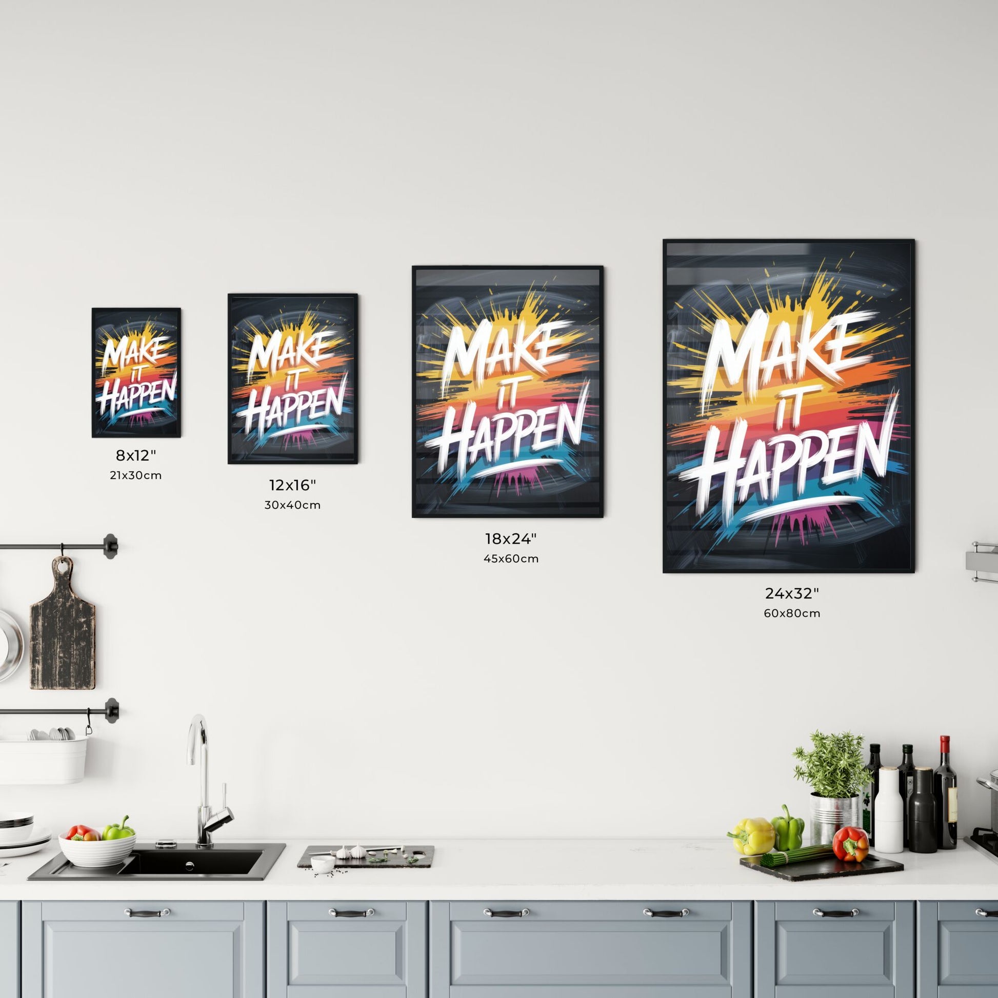 Vibrant Motivational Quote: 'Make It Happen' with Colorful Brush Strokes on a Black Background. Chart