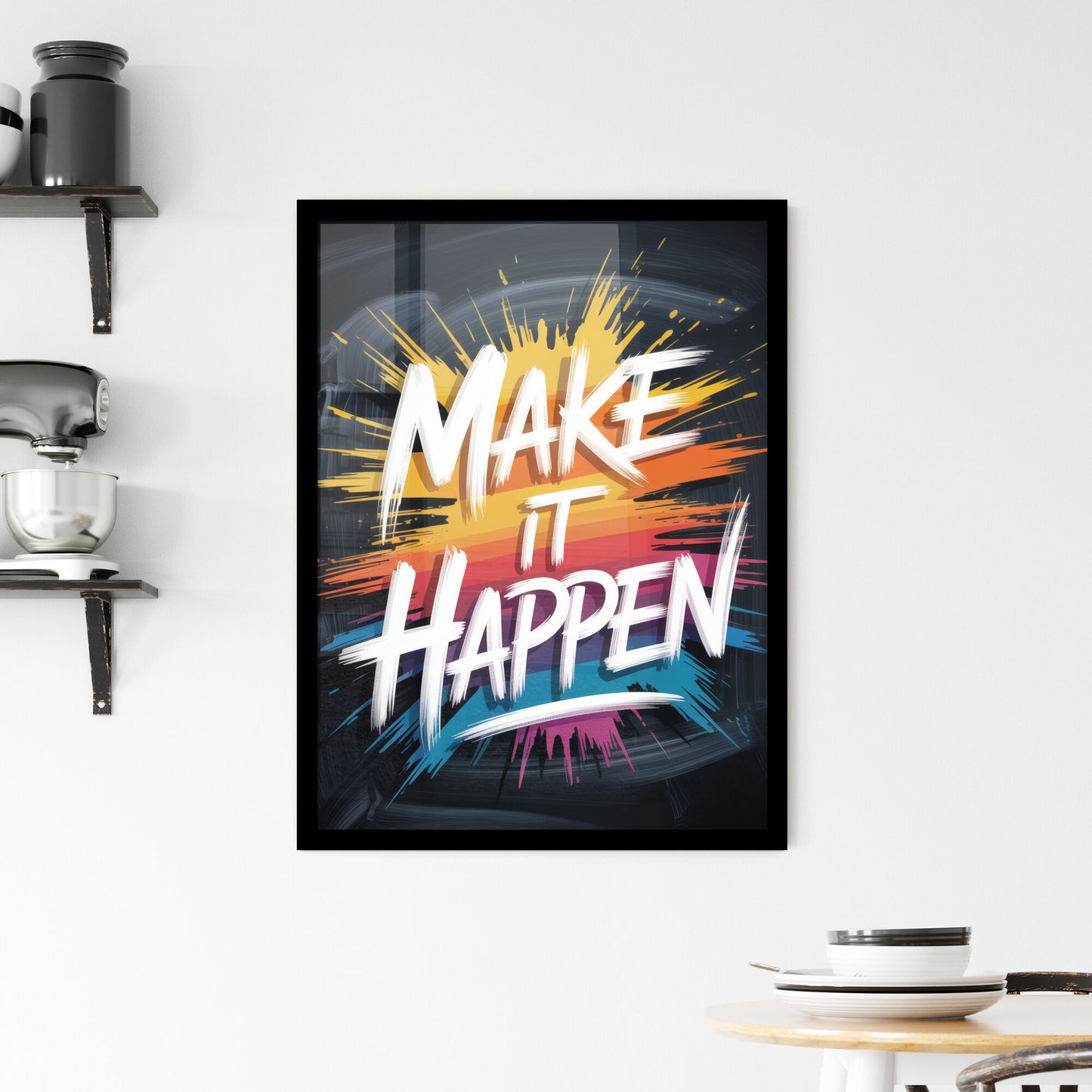 Vibrant Motivational Quote: 'Make It Happen' with Colorful Brush Strokes on a Black Background. Framed Print