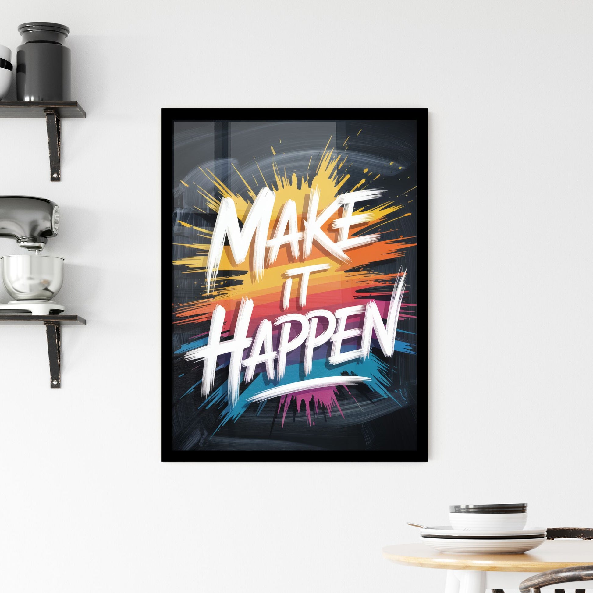 Vibrant Motivational Quote: 'Make It Happen' with Colorful Brush Strokes on a Black Background. Framed Print