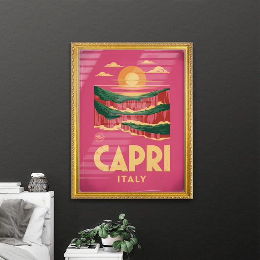 Vibrant Retro Travel Poster: Explore the Breathtaking Landscapes of Capri, Italy at Sunset.