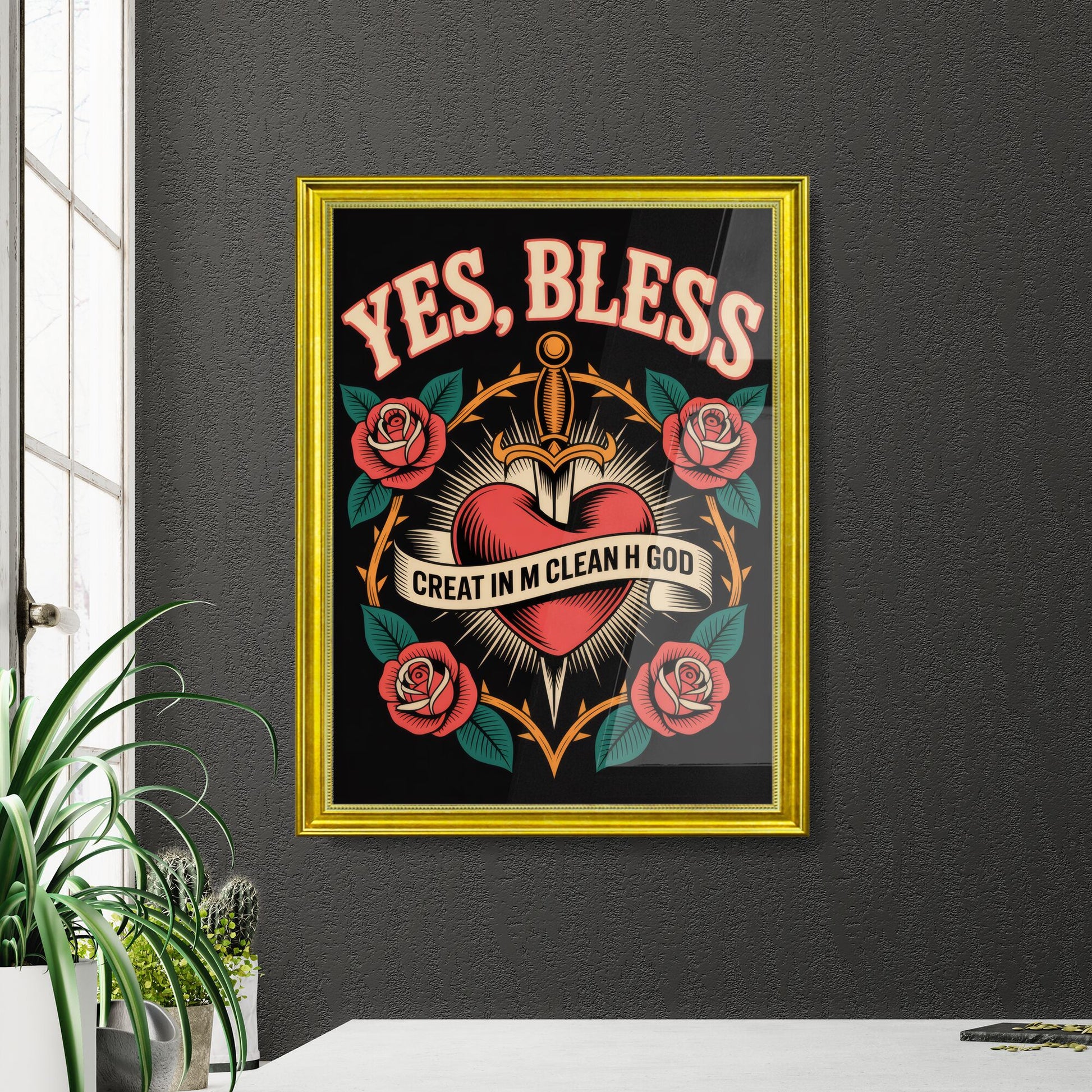 Vibrant Tattoo-Inspired Design Featuring a Heart, Sword, and Roses with Inspirational Text.