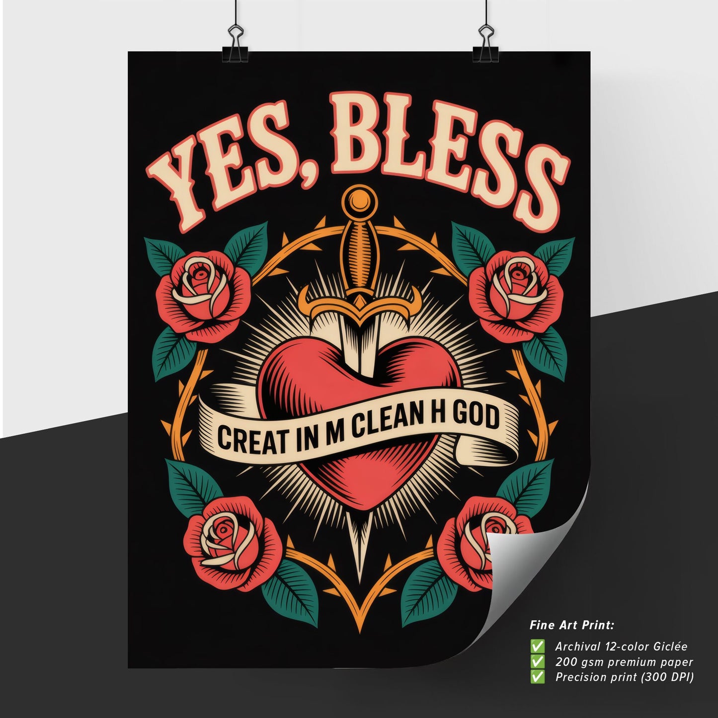 Vibrant Tattoo-Inspired Design Featuring a Heart, Sword, and Roses with Inspirational Text.