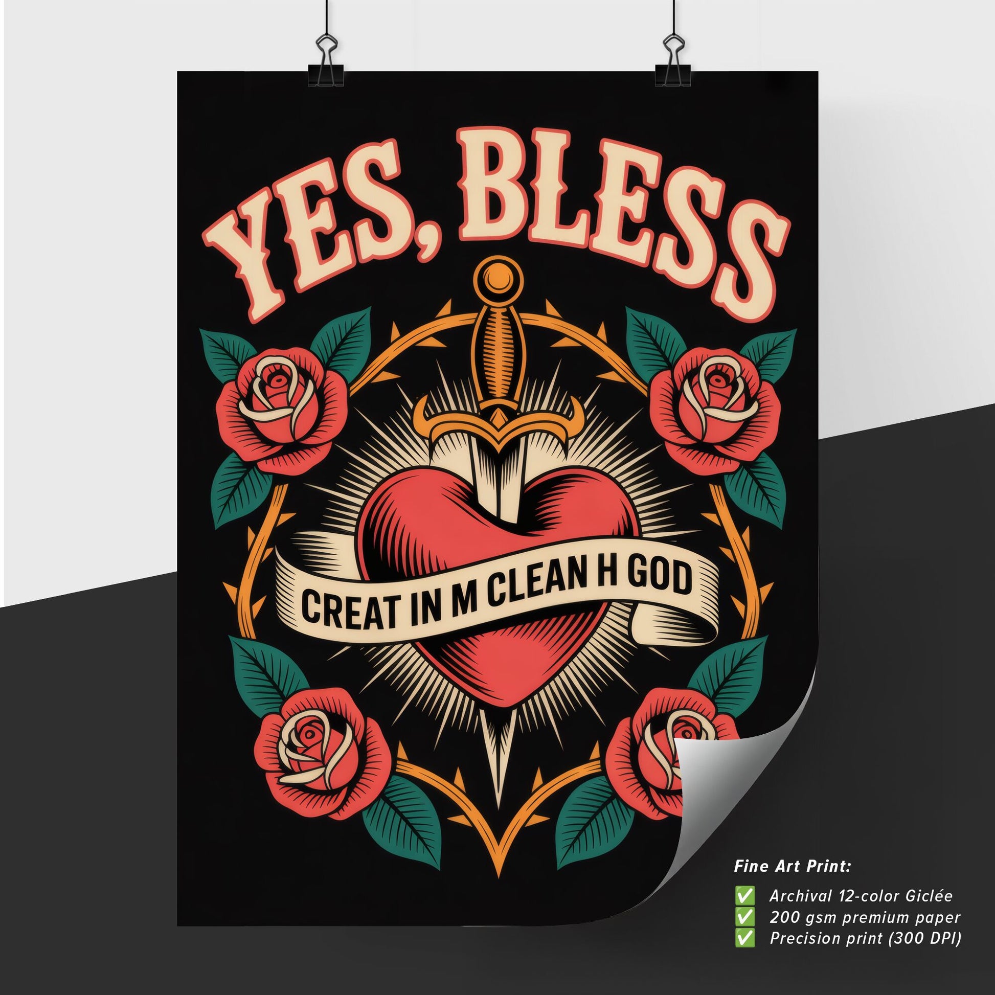 Vibrant Tattoo-Inspired Design Featuring a Heart, Sword, and Roses with Inspirational Text.