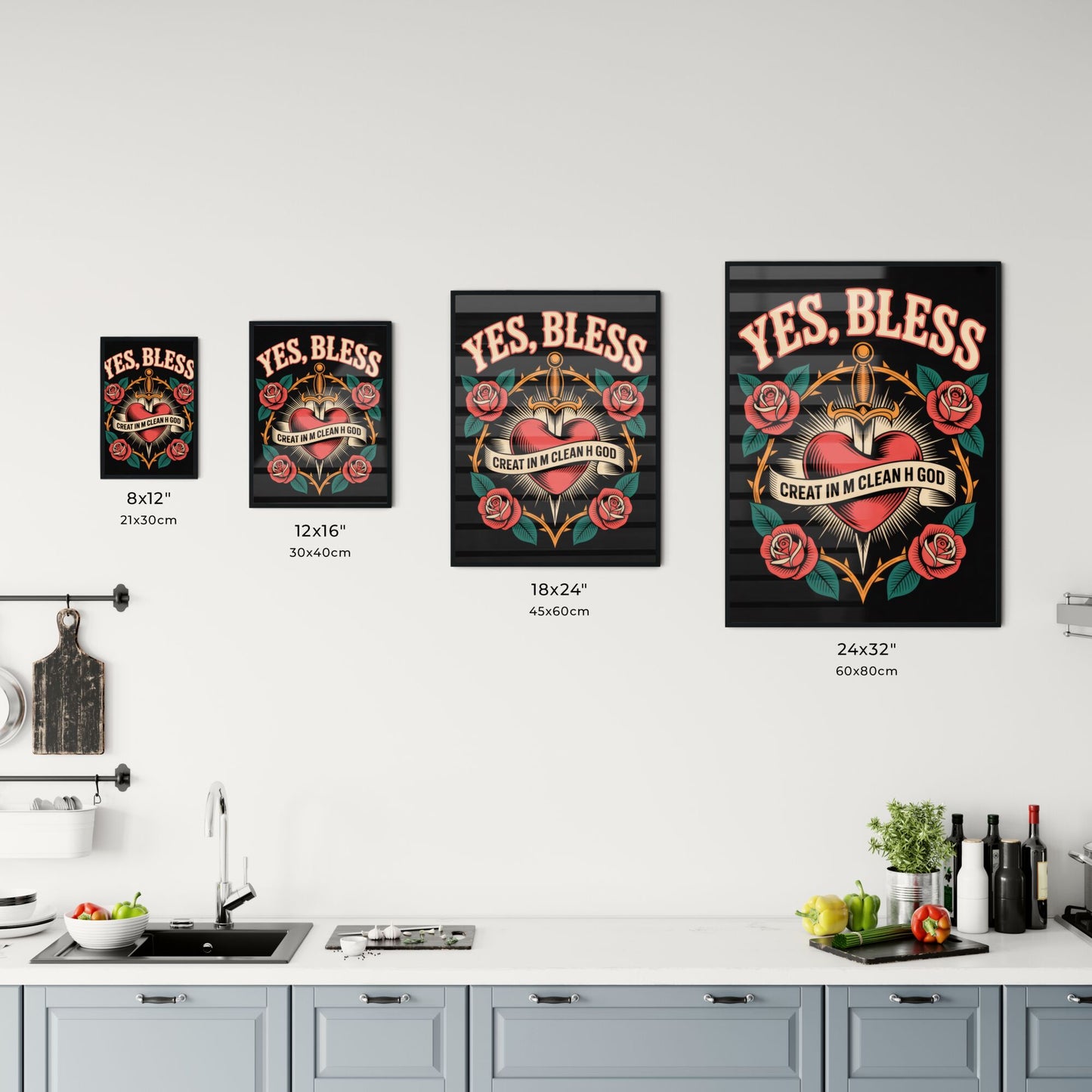 Vibrant Tattoo-Inspired Design Featuring a Heart, Sword, and Roses with Inspirational Text. Chart