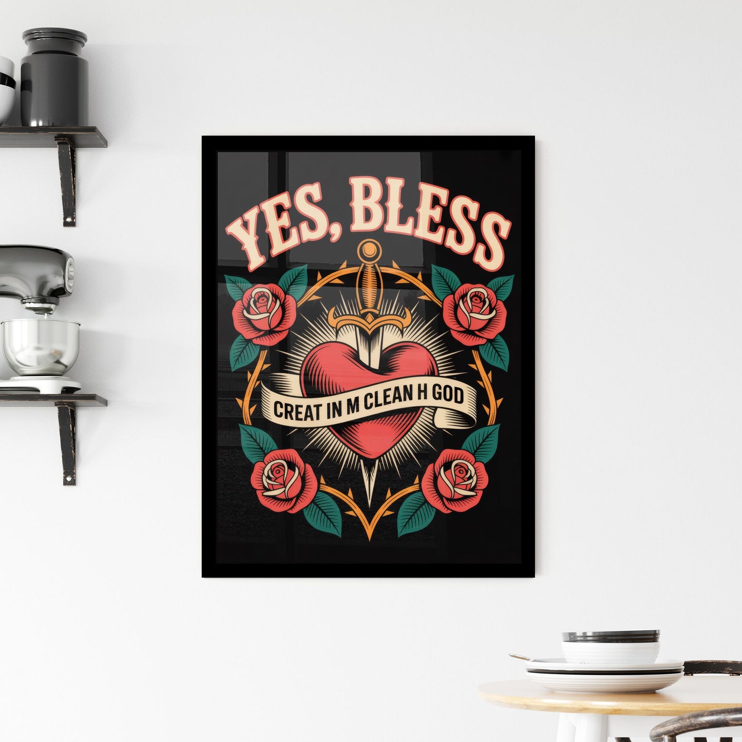 Vibrant Tattoo-Inspired Design Featuring a Heart, Sword, and Roses with Inspirational Text. Framed Print