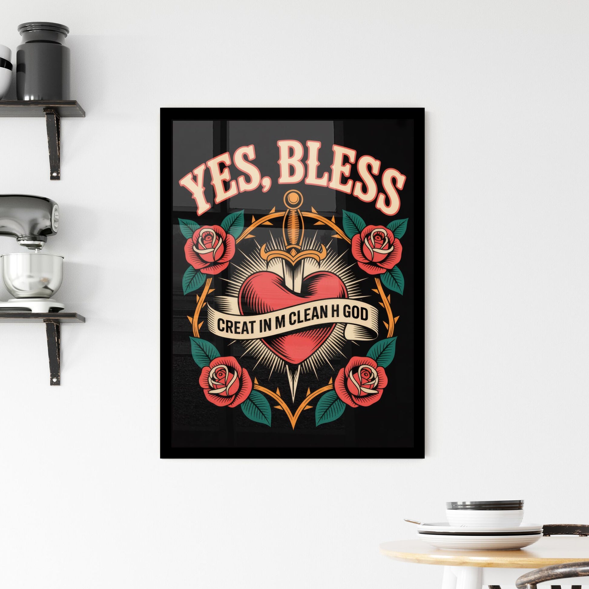 Vibrant Tattoo-Inspired Design Featuring a Heart, Sword, and Roses with Inspirational Text. Framed Print