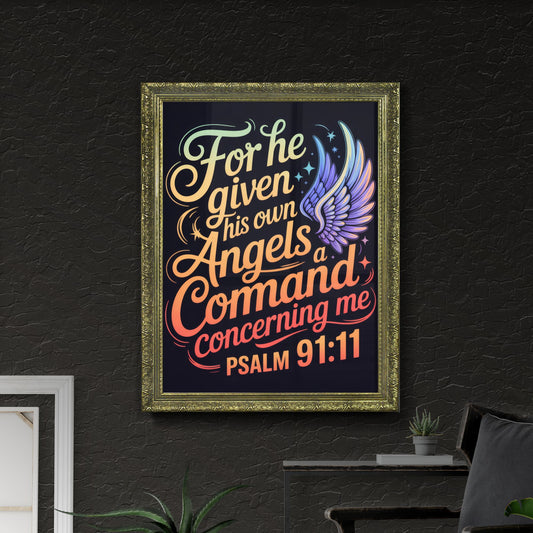 Vibrant Inspirational Typography Design Featuring Psalm 91:11 with Angelic Motifs and Colorful Background