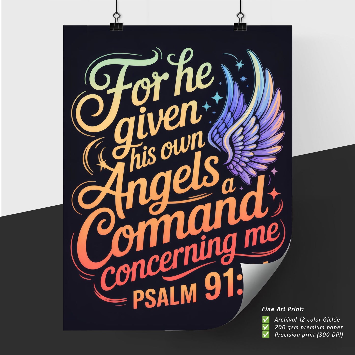 Vibrant Inspirational Typography Design Featuring Psalm 91:11 with Angelic Motifs and Colorful Background
