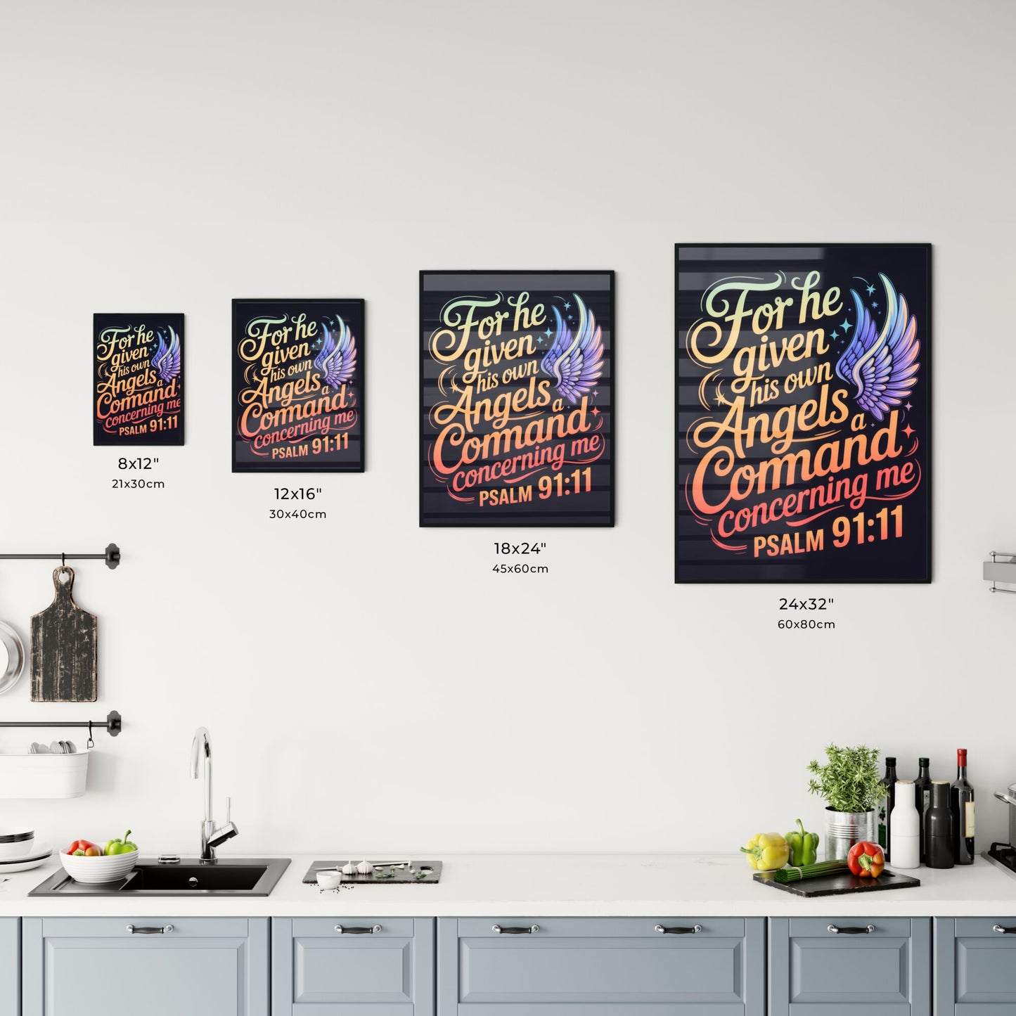 Vibrant Inspirational Typography Design Featuring Psalm 91:11 with Angelic Motifs and Colorful Background Chart