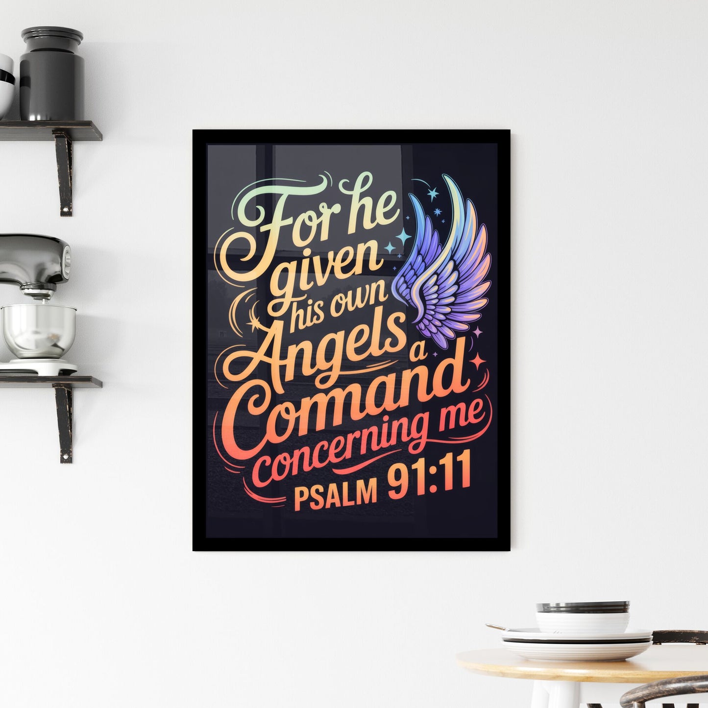 Vibrant Inspirational Typography Design Featuring Psalm 91:11 with Angelic Motifs and Colorful Background Framed Print