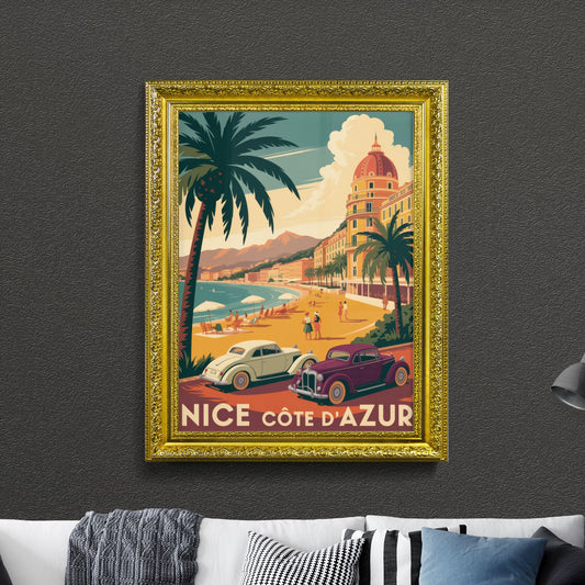 Vibrant Vintage Scene of Nice, Côte d'Azur: Sunlit Beach, Classic Cars, and Palm Trees