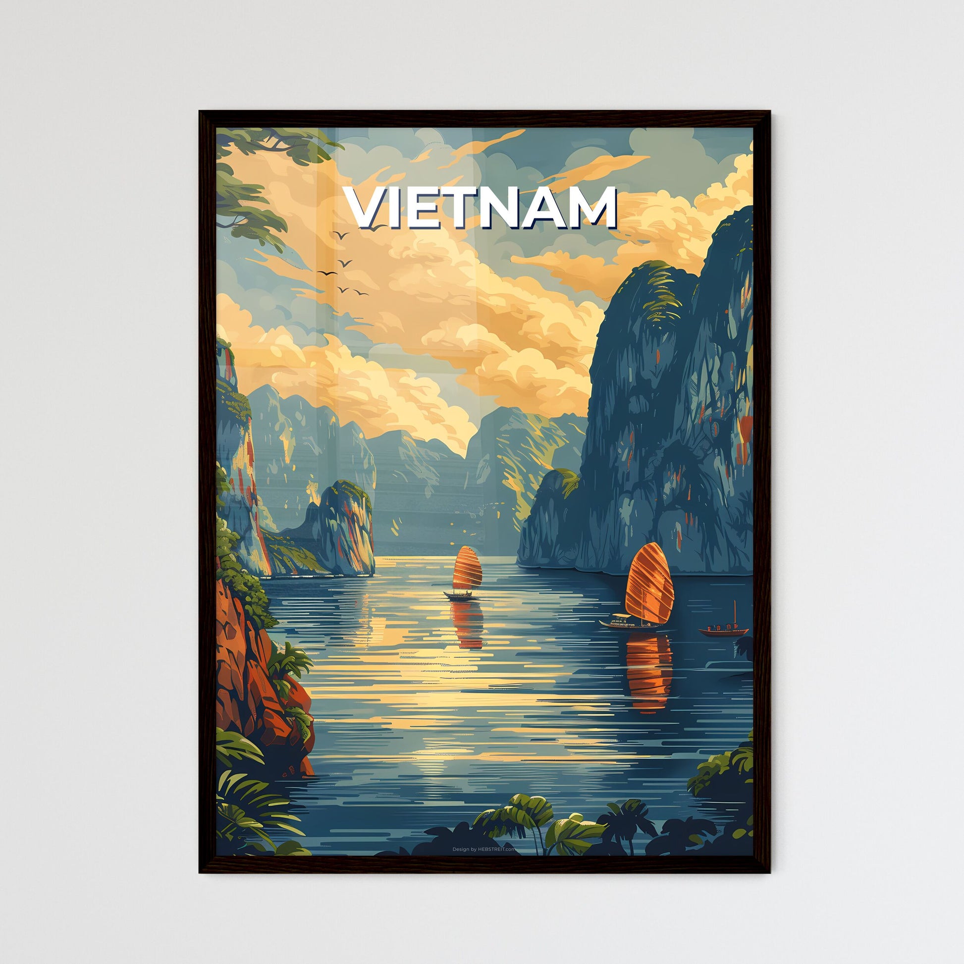 Vietnamese Seascape Painting Depicting Boats on Water, Surrounded by Mountains and Trees, Showcasing Vibrant Art