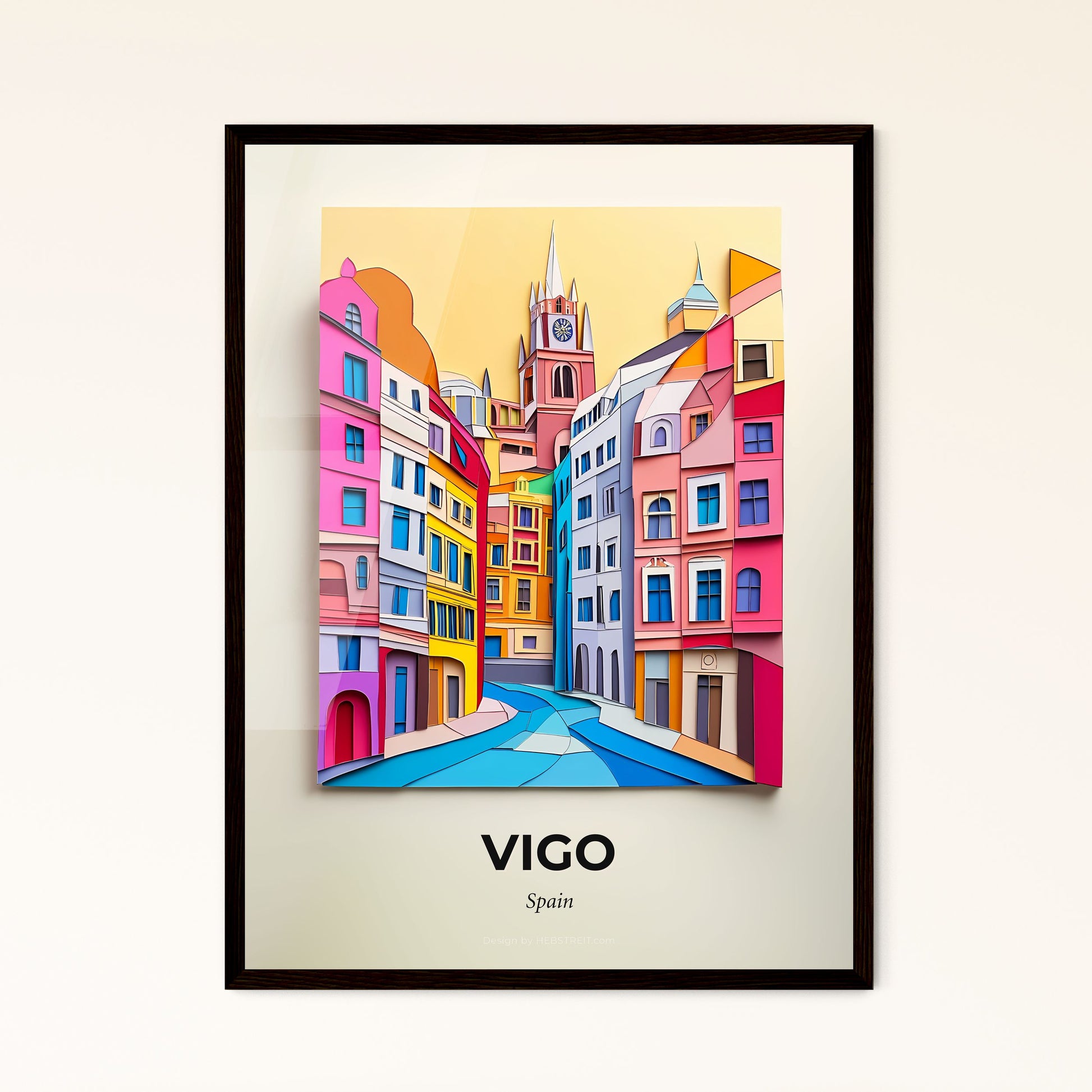 Vivid Vigo, Spain - a painting of a city with a clock tower