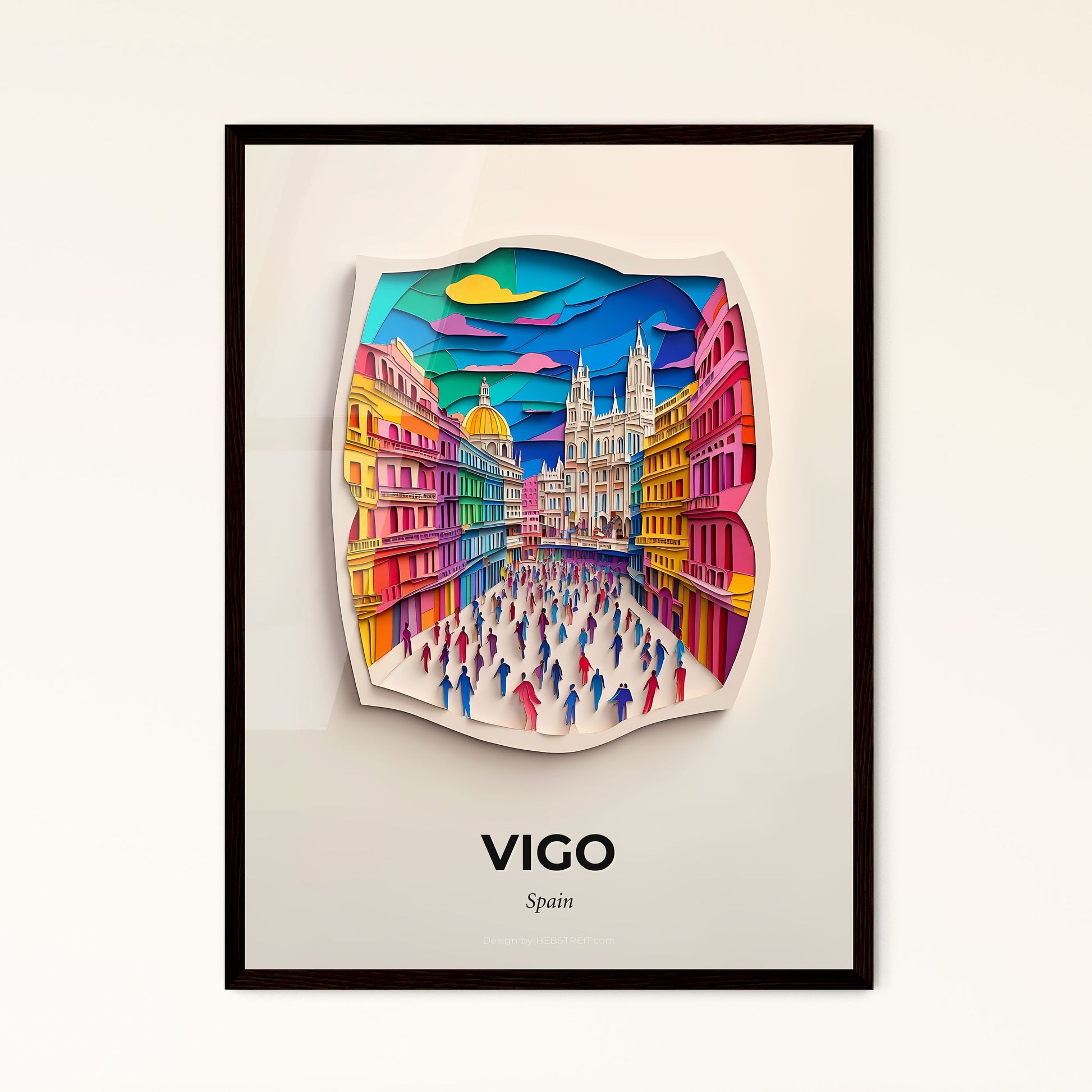 Vivid Vigo, Spain - a paper cut of a city with people walking