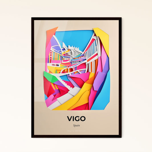 Vivid Vigo, Spain - a colorful paper cut of a city with a bridge