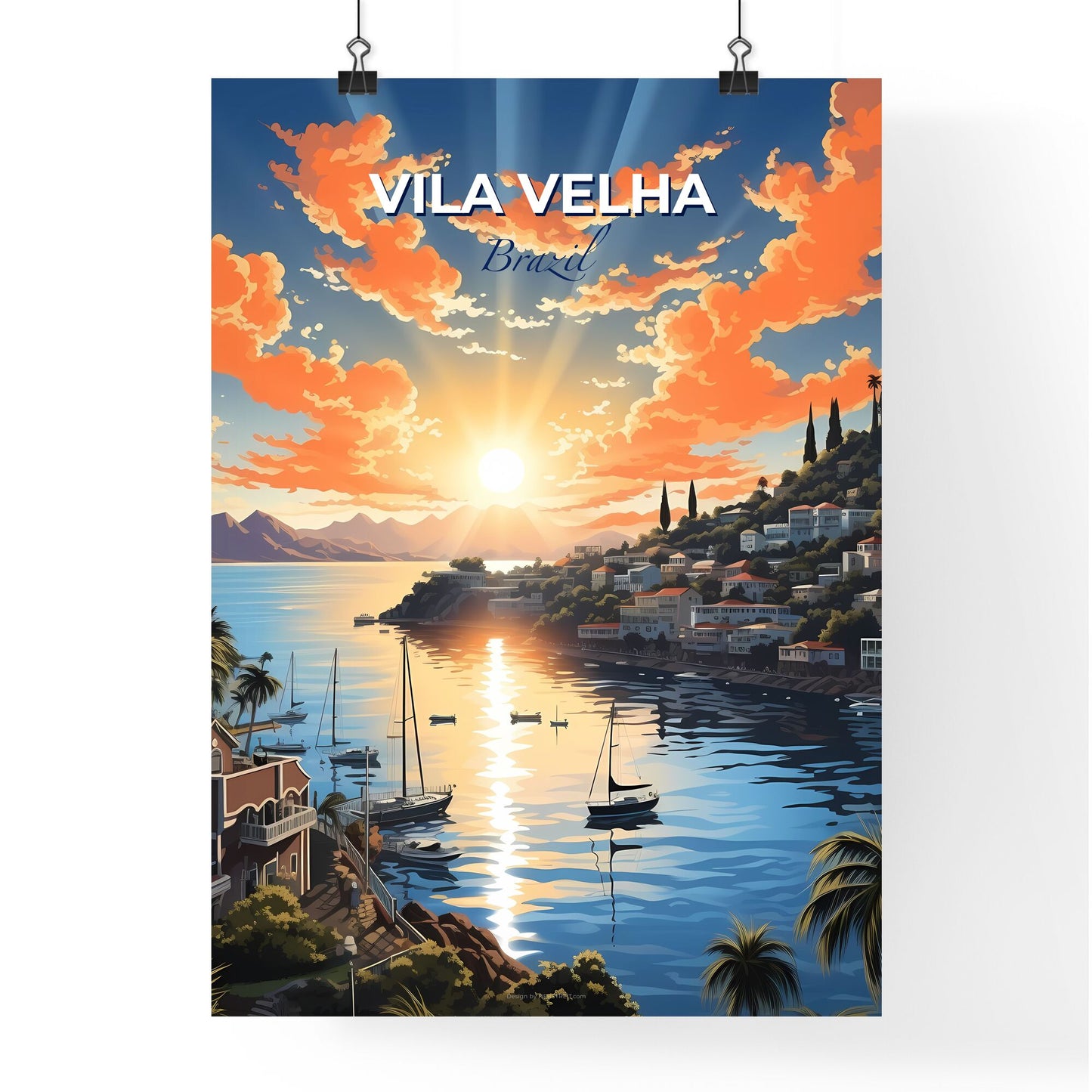 Vibrant Artistic Cityscape Painting Sunset over Vila Velha Brazil Skyline Default Title