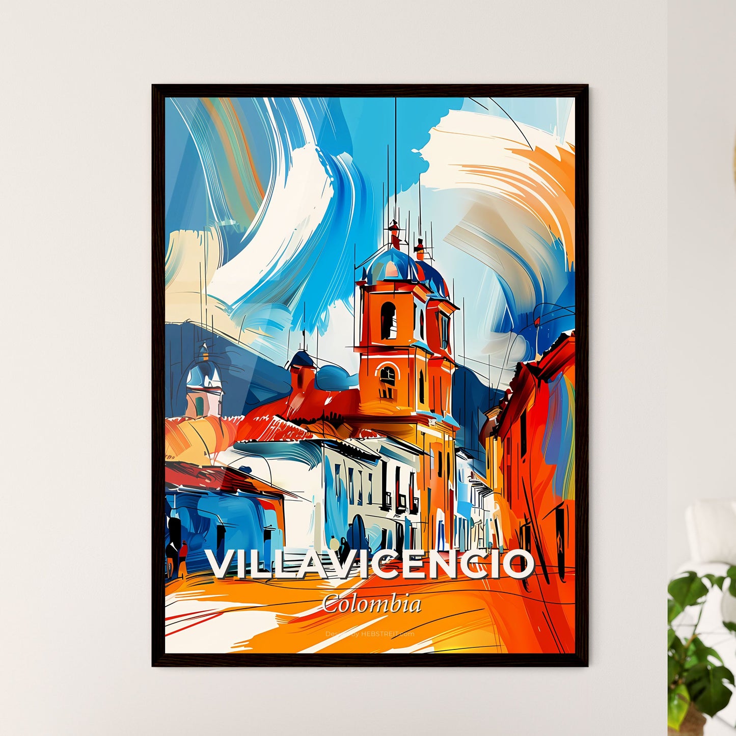 Vibrant Villavicencio, Colombia - A Painting Of A Street With Buildings And A Bell Tower