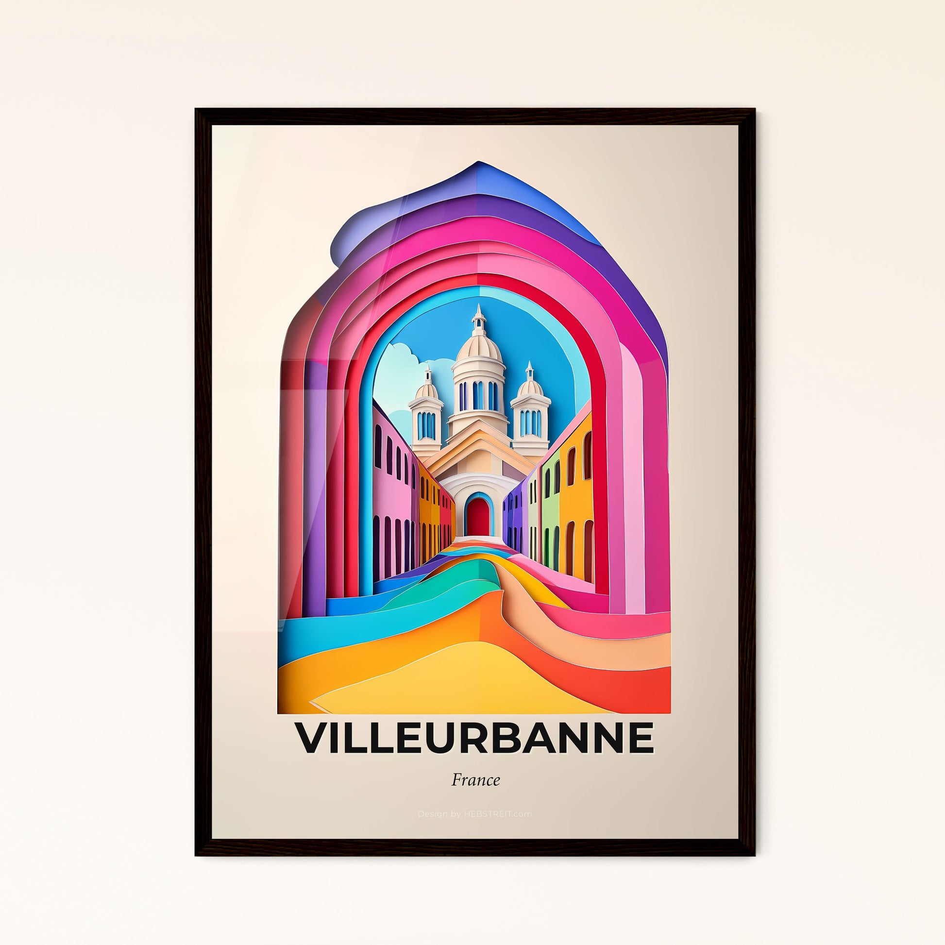 Vivid Villeurbanne, France - a colorful picture of a church with a rainbow arch