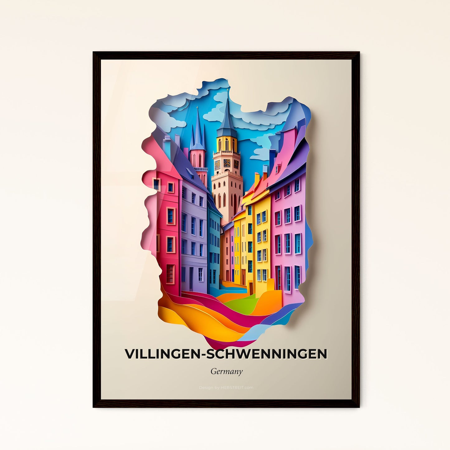 Vivid Villingen-Schwenningen, Germany - a paper cut of a city with a clock tower