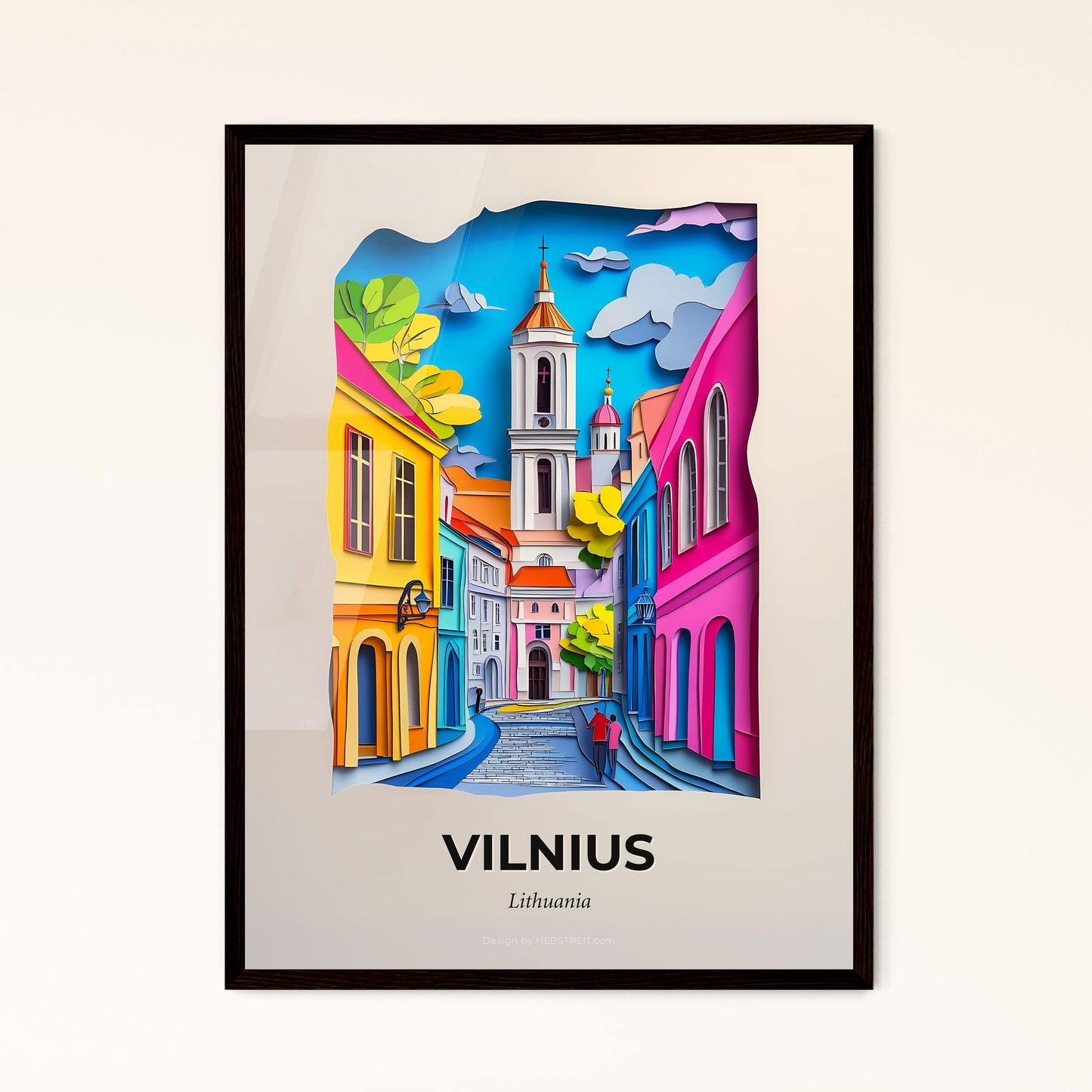 Vivid Vilnius, Lithuania - a paper cut of a street with a church tower