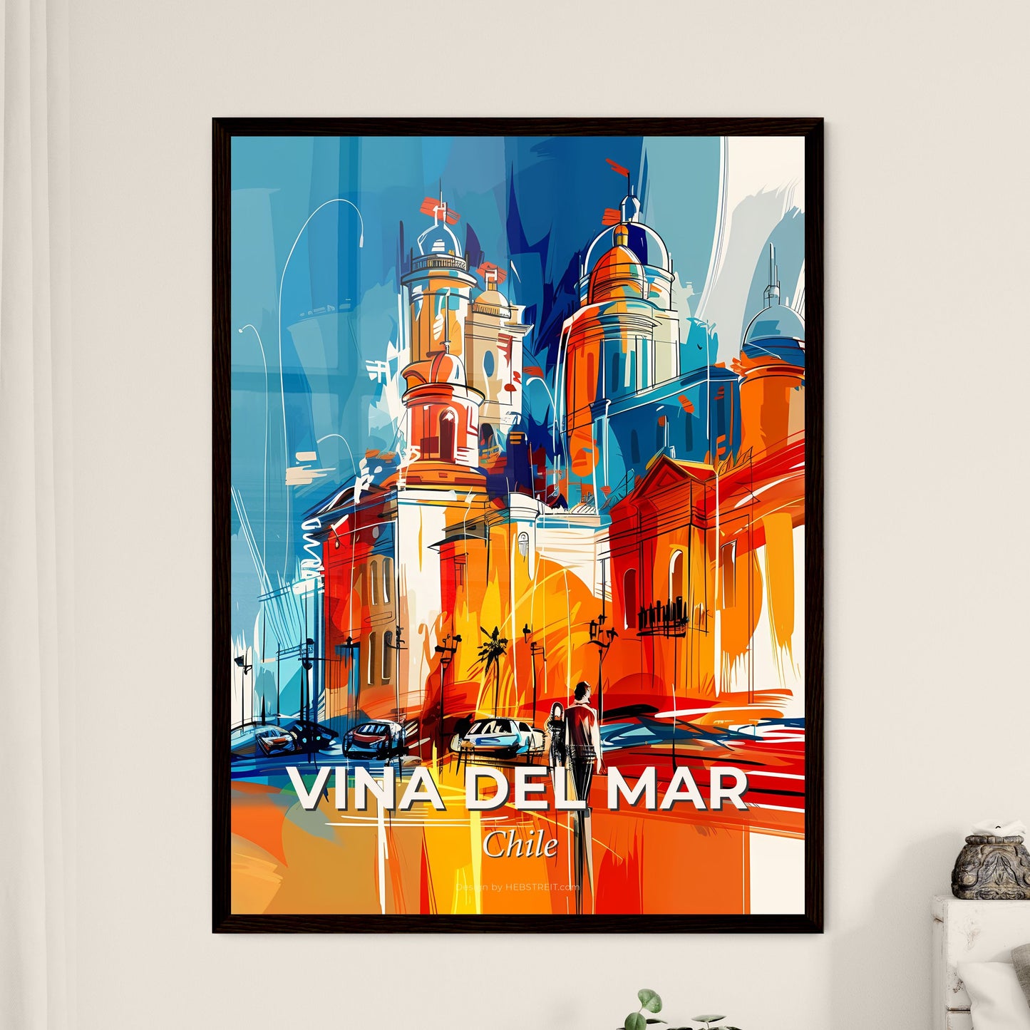 Vibrant Vina Del Mar, Chile - A Painting Of A Building With A Man Walking On The Street