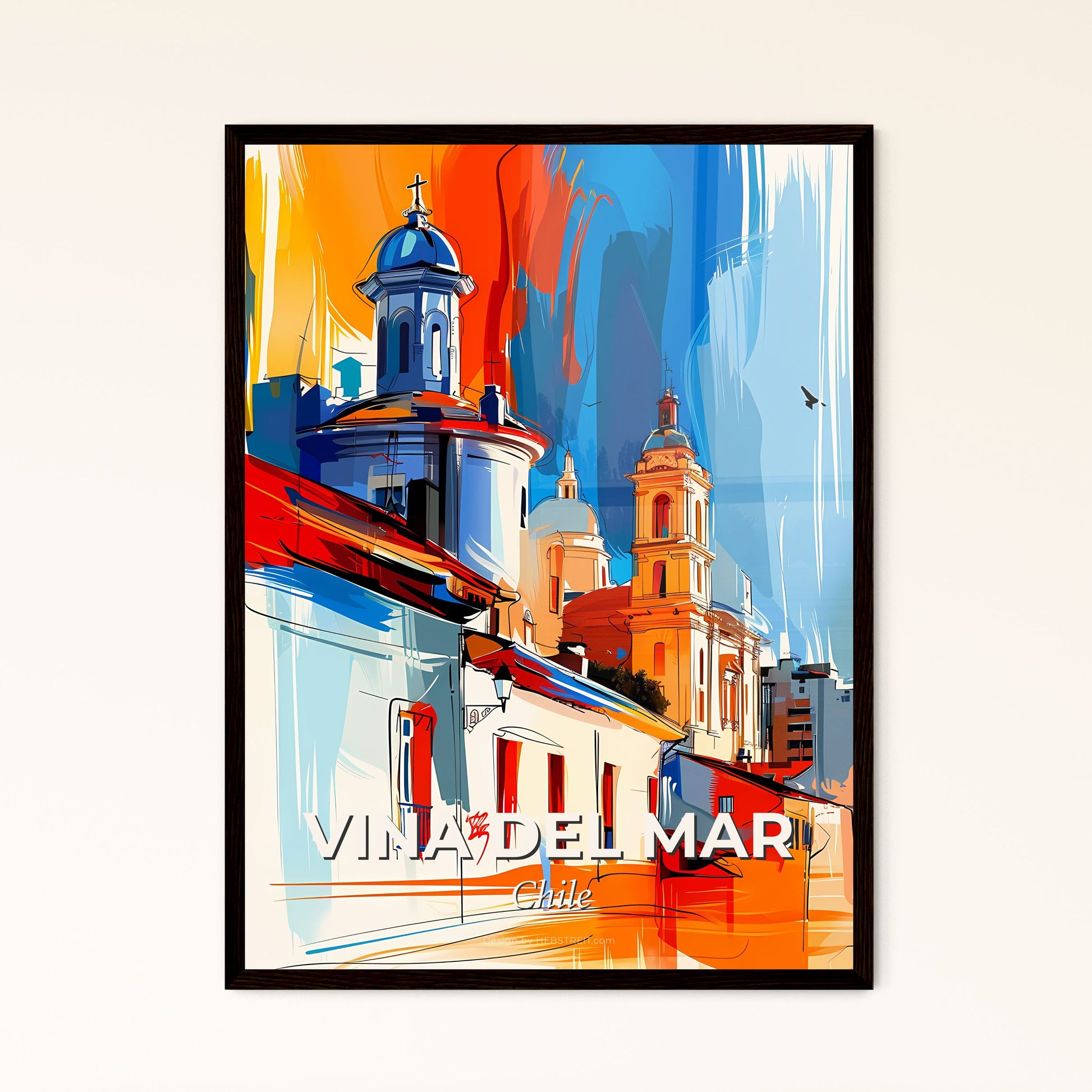 Vibrant Vina Del Mar, Chile - A Painting Of A Building With A Bird Flying