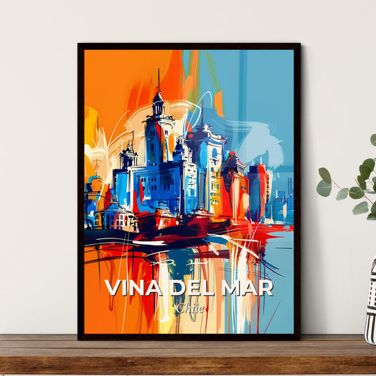 Vibrant Vina Del Mar, Chile - A Colorful Cityscape With Buildings And A Blue And Orange Background