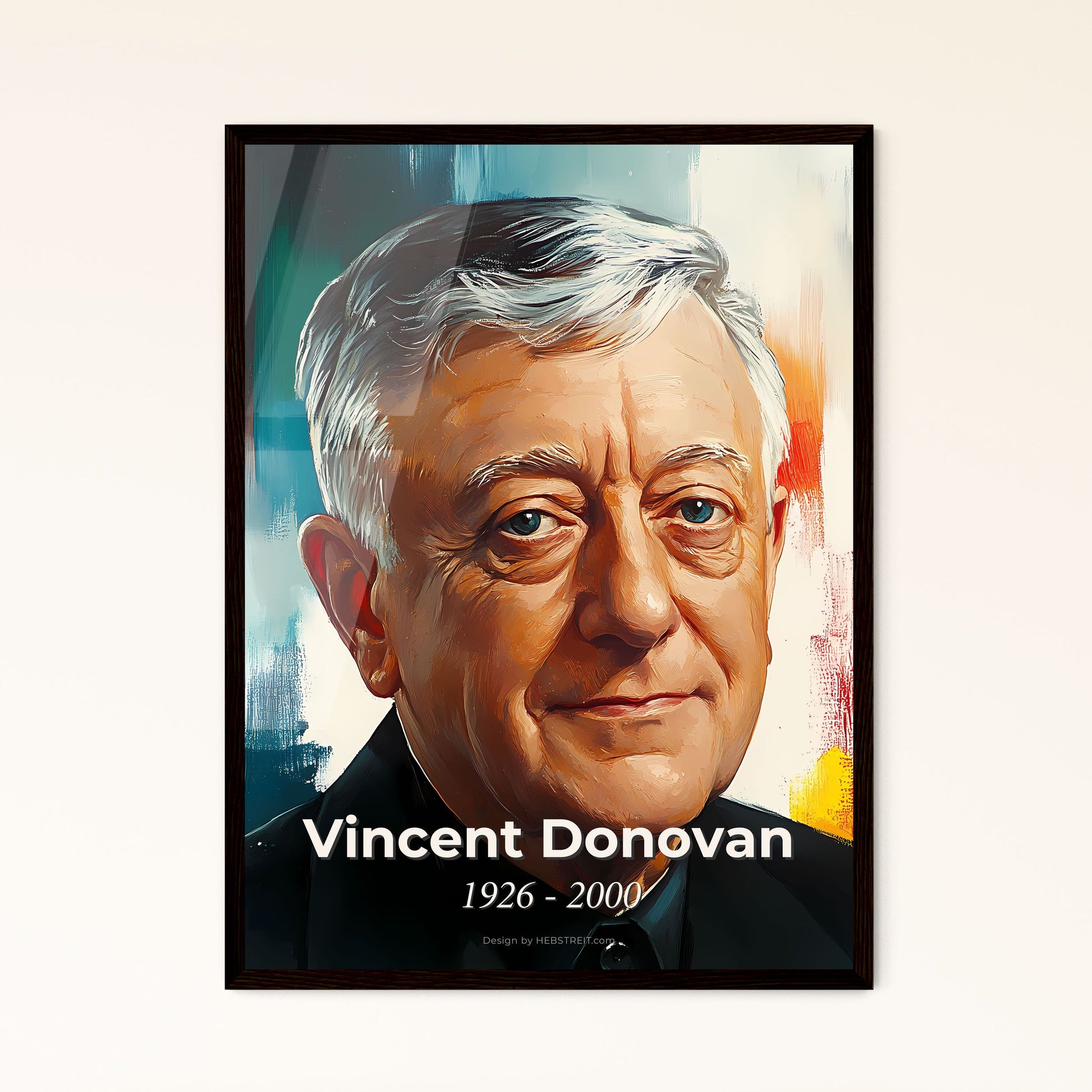 Portrait of Vincent Donovan, 1926 - 2000. Impressionistic painting of a man in a black shirt.