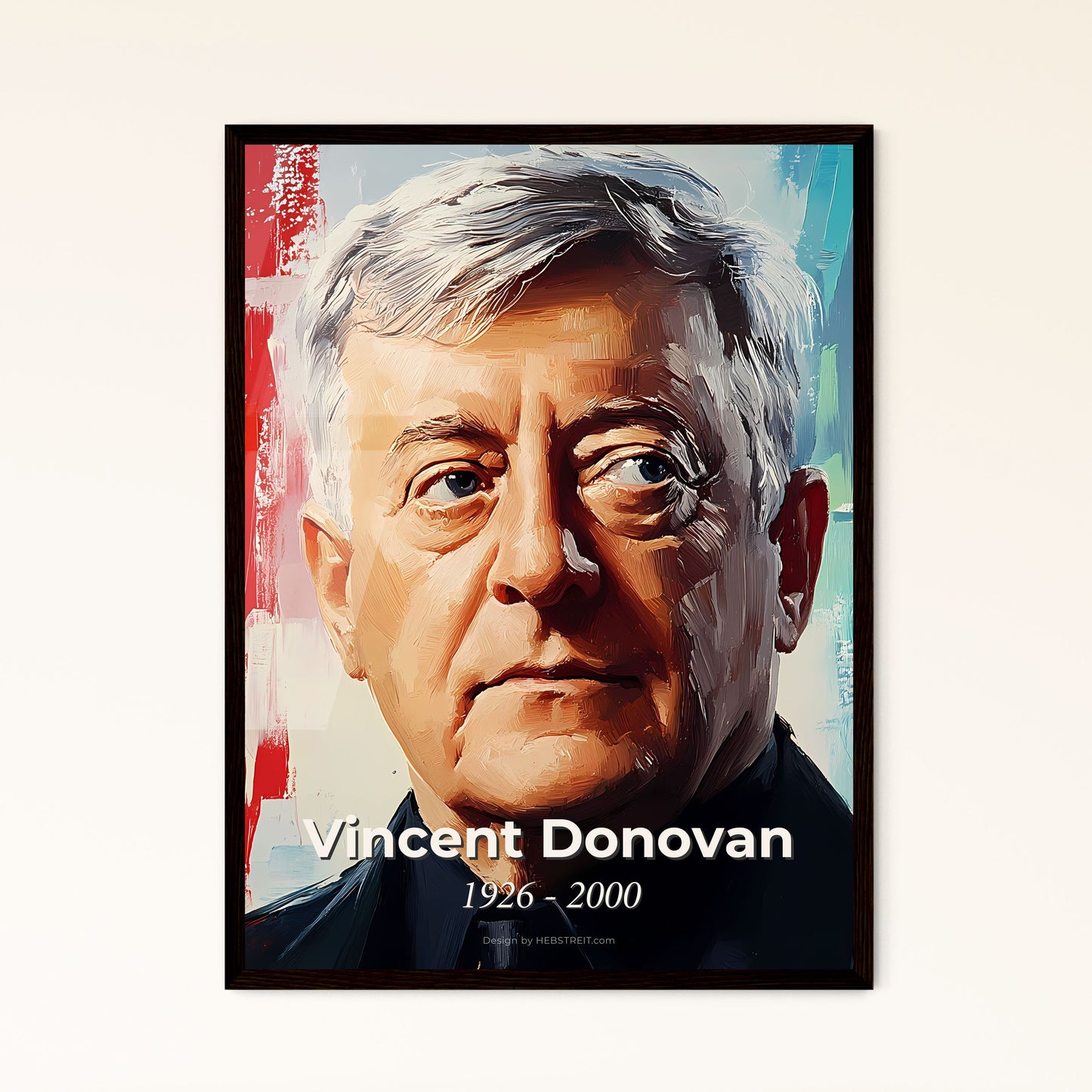 Portrait of Vincent Donovan, 1926 - 2000. Impressionistic painting of a man in a black shirt.