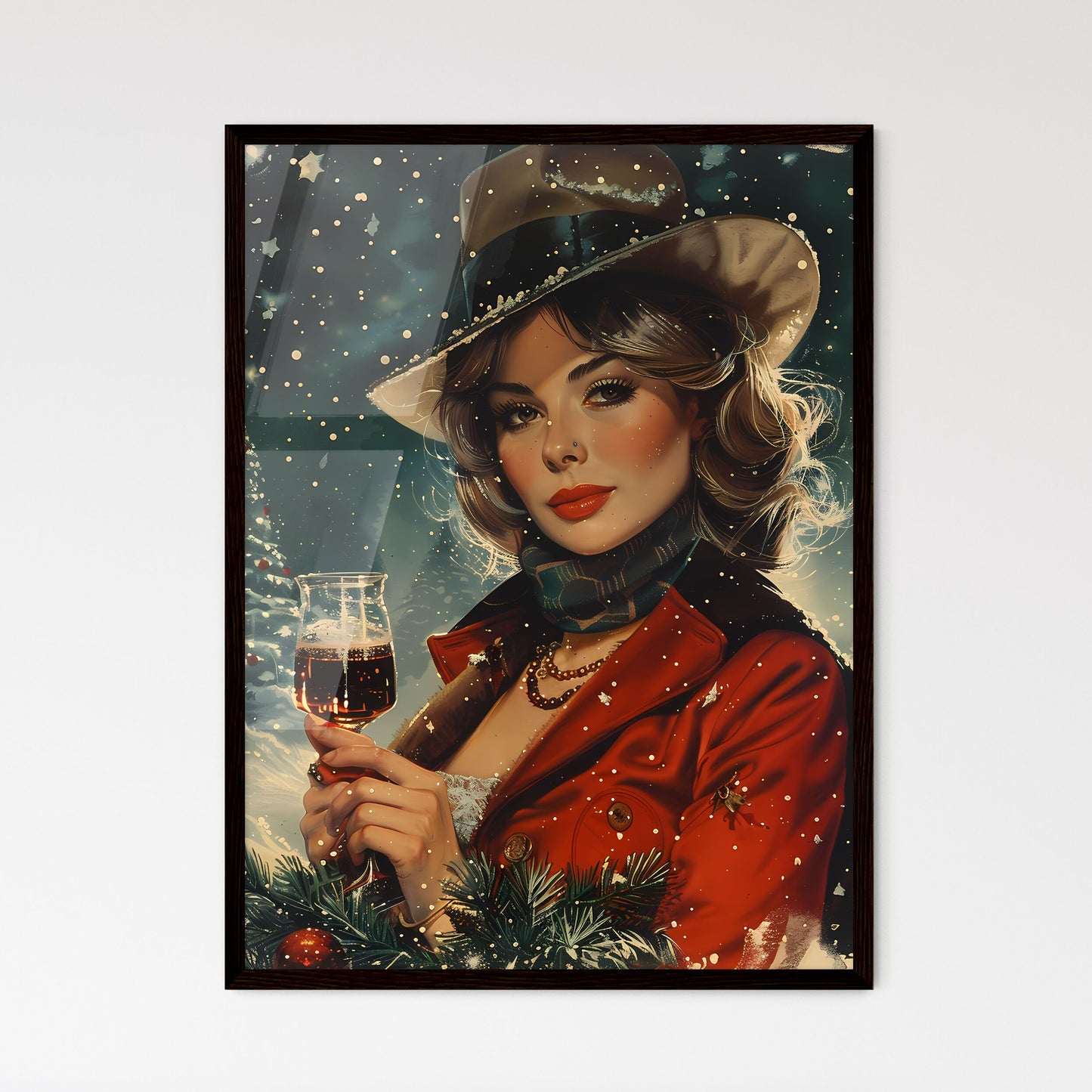 Mid-Century Modern Vintage 1970s New Year's Eve Painting: Woman with Wine Glass Default Title