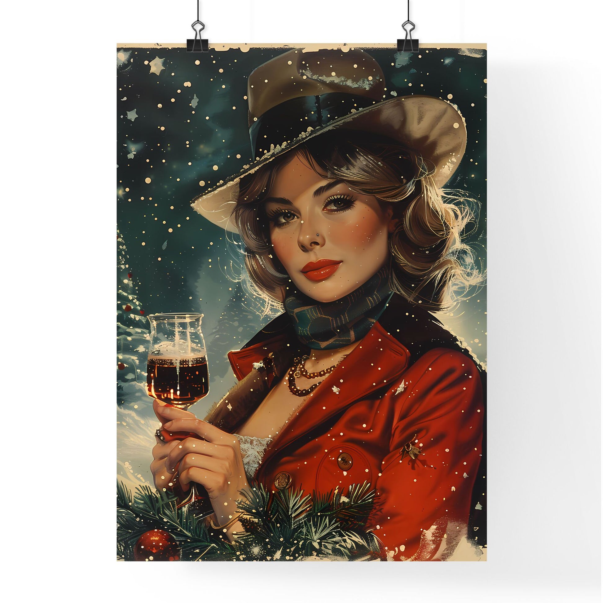 Mid-Century Modern Vintage 1970s New Year's Eve Painting: Woman with Wine Glass Default Title