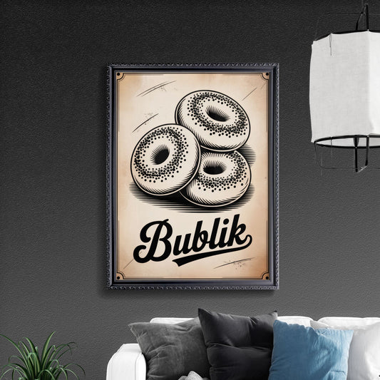 Vintage Illustrative Design Featuring Three Delicious Bublik Donuts with Elegant Script Title.