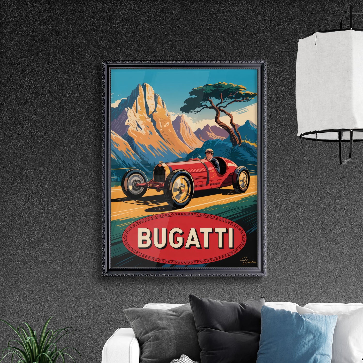 Vintage Bugatti Racing Car Against Majestic Mountain Landscape in Retro Style Illustration.