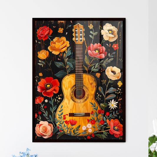 Vibrant Collage Art: Guitar with Oaxacan Embroidery, Vintage Roses, Midsummer Floral, Boho Vibes on Dark Background - Pastels! Default Title