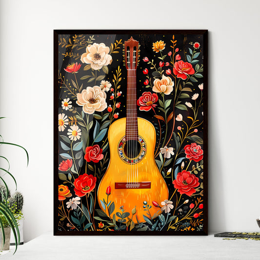 Floral Collage Art: Vibrant Guitar with Oaxacan Embroidery Patterns, Roses, Hearts - Boho, Vintage Icelandic Midsummer, Dark Background Default Title