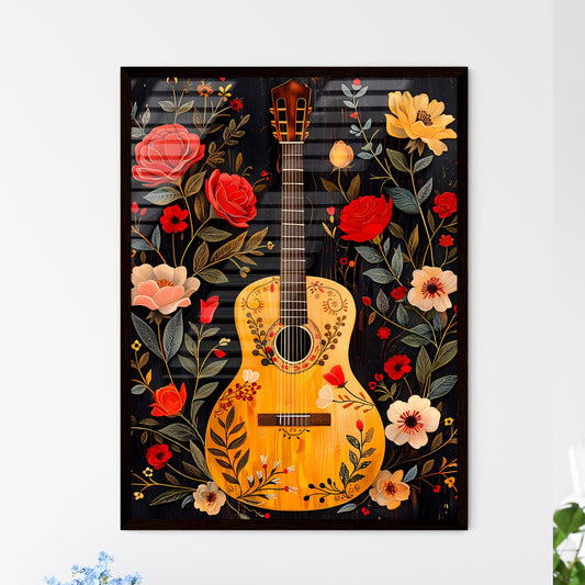 Guitar Collage Art: Vibrant Oaxacan Embroidery, Roses, Hearts & Midsummer Floral on Boho Dark Background Default Title