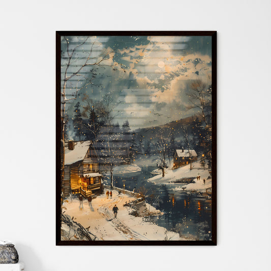 Snowy Countryside New Year's Eve Celebration Painting: Vibrant Winter Landscape with House and River Framed Art