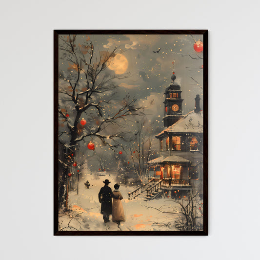 Vintage Country New Year's Eve Party Illustration Painting Snowman Walking Couple Landscape Default Title