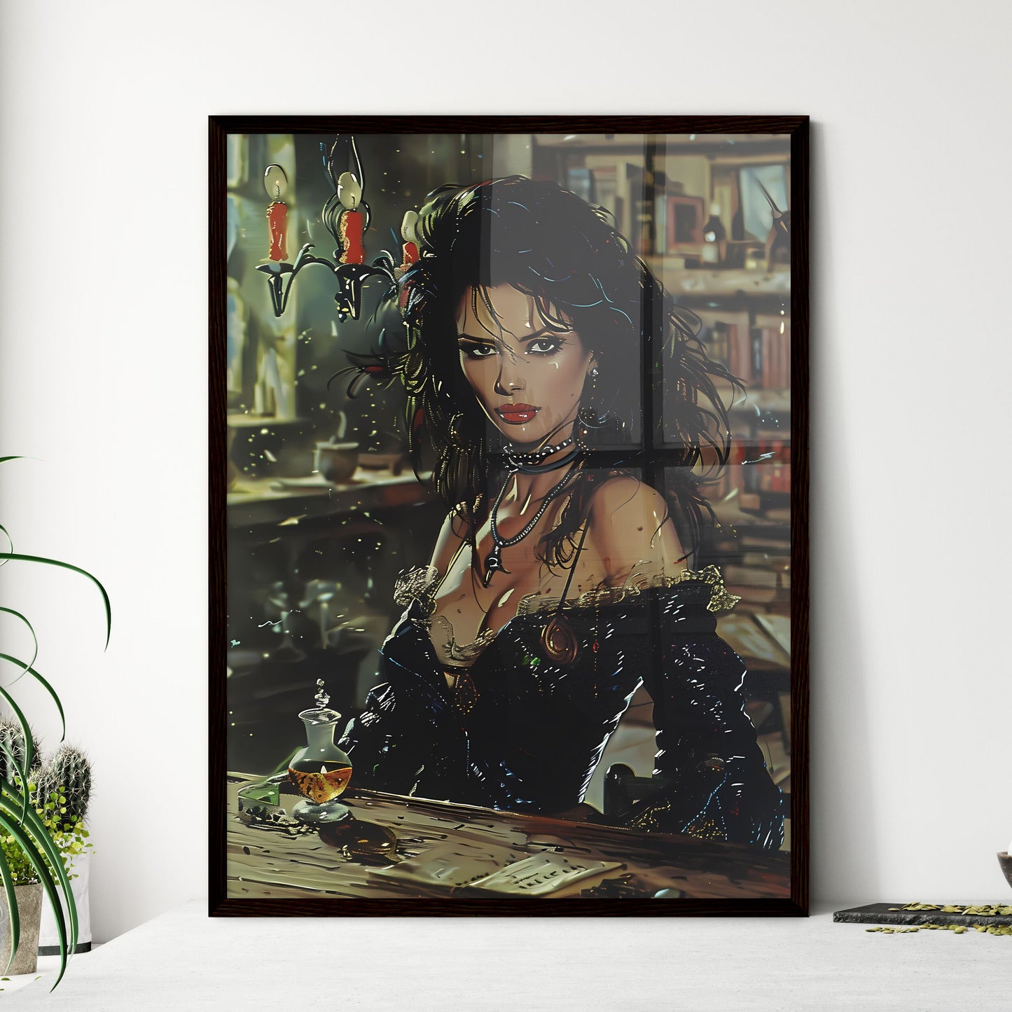 Surreal Gothic Horror: Vibrant Witchy Portrait in an Apothecary Library with Moody Lighting and a Nightmarish Ambiance in Italian Horror Movie Poster Style Default Title