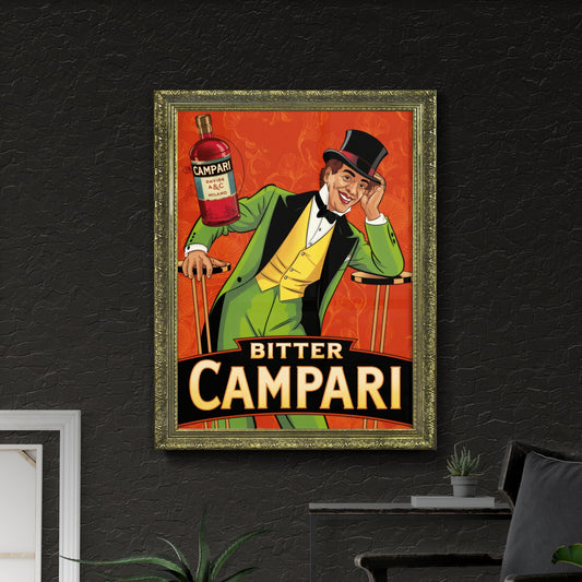 Vintage Man with Campari Bottle in Cheerful Pose Against Vibrant Orange Floral Background