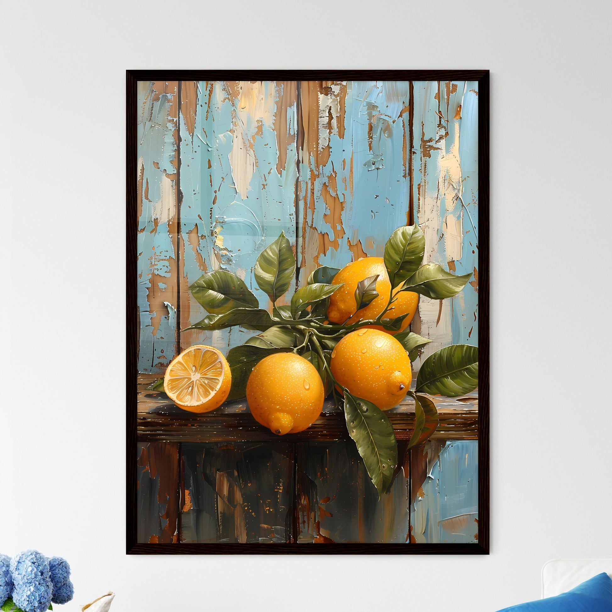 Vibrant Vintage Oil Painting of Lemons and Leaves on Oak Wood Table, Depicting Art Still Life Default Title